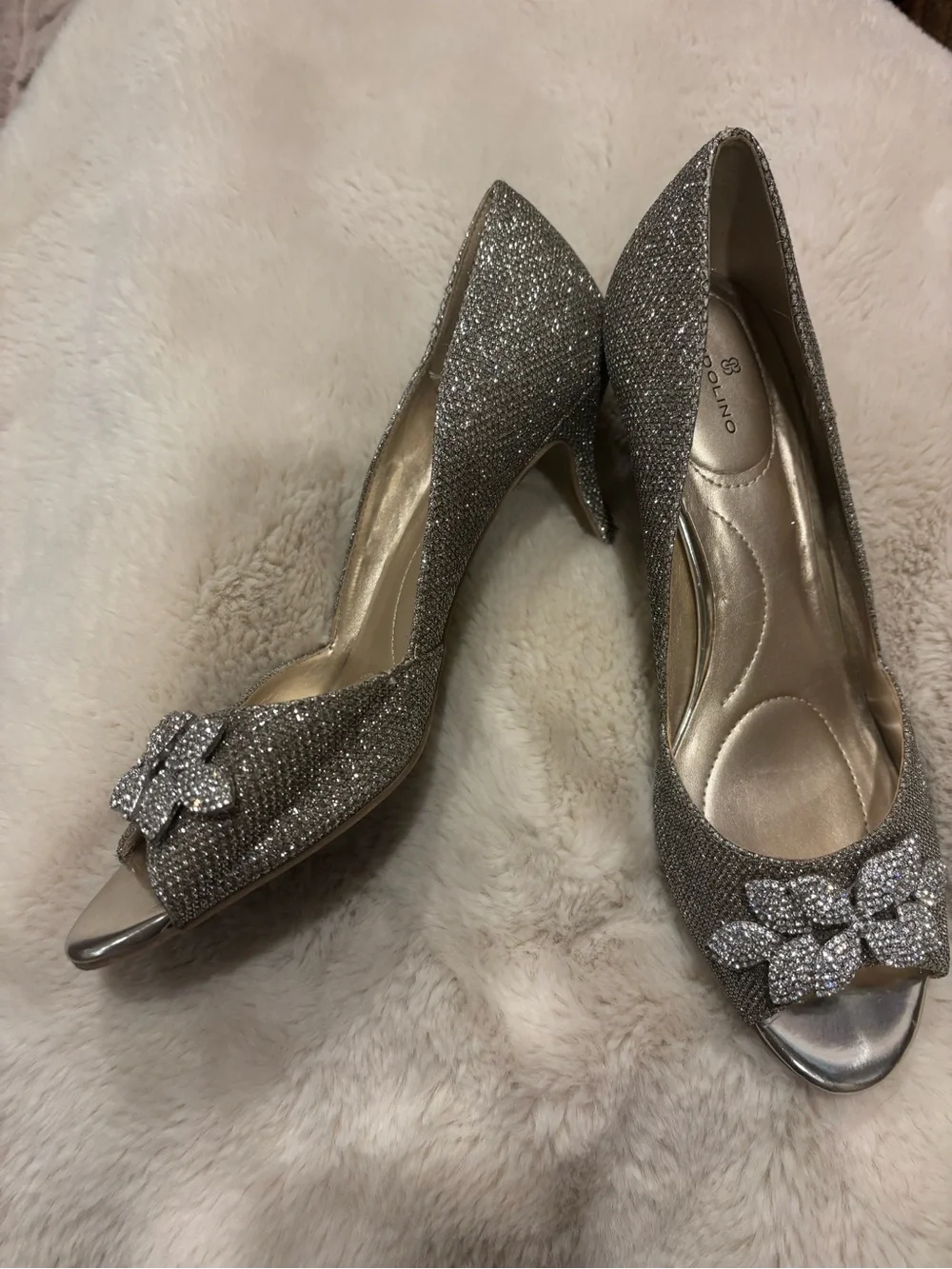 Bandolino Sparkling Silver Peep-Toe Heels with Crystal Floral Embellishment